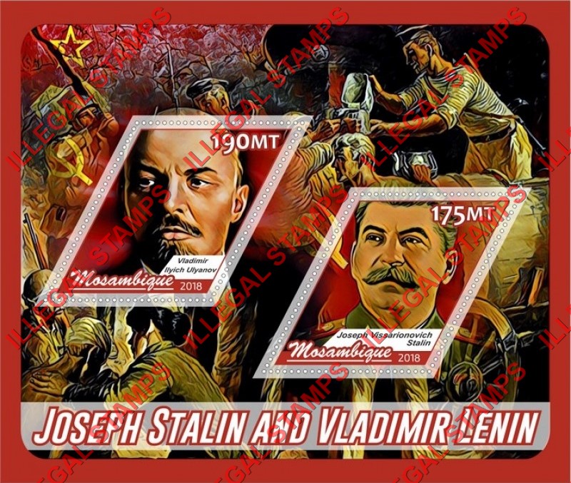  Mozambique 2018 Lenin and Stalin (different) Counterfeit Illegal Stamp Souvenir Sheet of 2