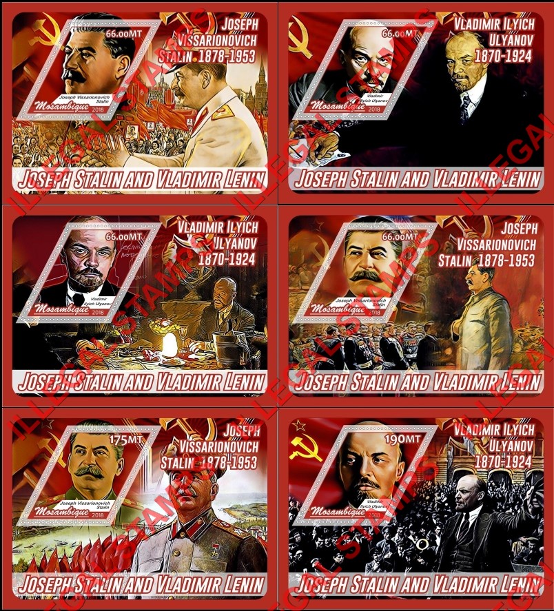  Mozambique 2018 Lenin and Stalin (different) Counterfeit Illegal Stamp Souvenir Sheets of 1
