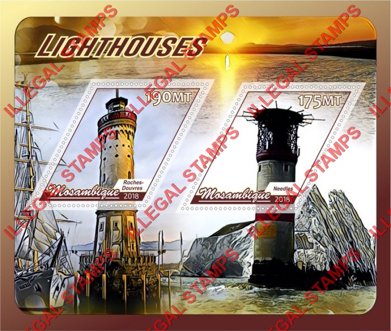  Mozambique 2018 Lighthouses Counterfeit Illegal Stamp Souvenir Sheet of 2