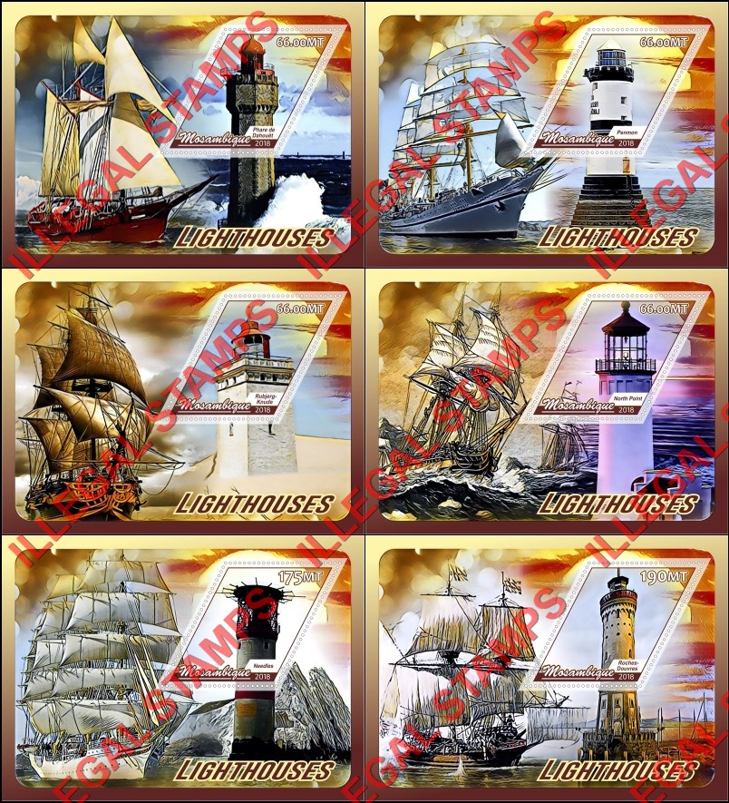  Mozambique 2018 Lighthouses Counterfeit Illegal Stamp Souvenir Sheets of 1