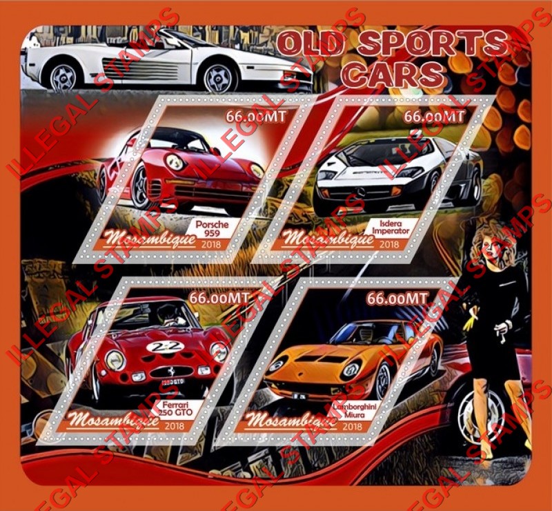  Mozambique 2018 Old Sports Cars Counterfeit Illegal Stamp Souvenir Sheet of 4
