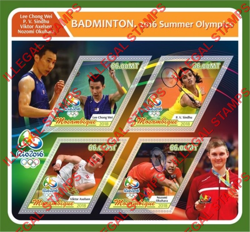  Mozambique 2018 Olympic Games in Rio in 2016 Badminton Players Counterfeit Illegal Stamp Souvenir Sheet of 4