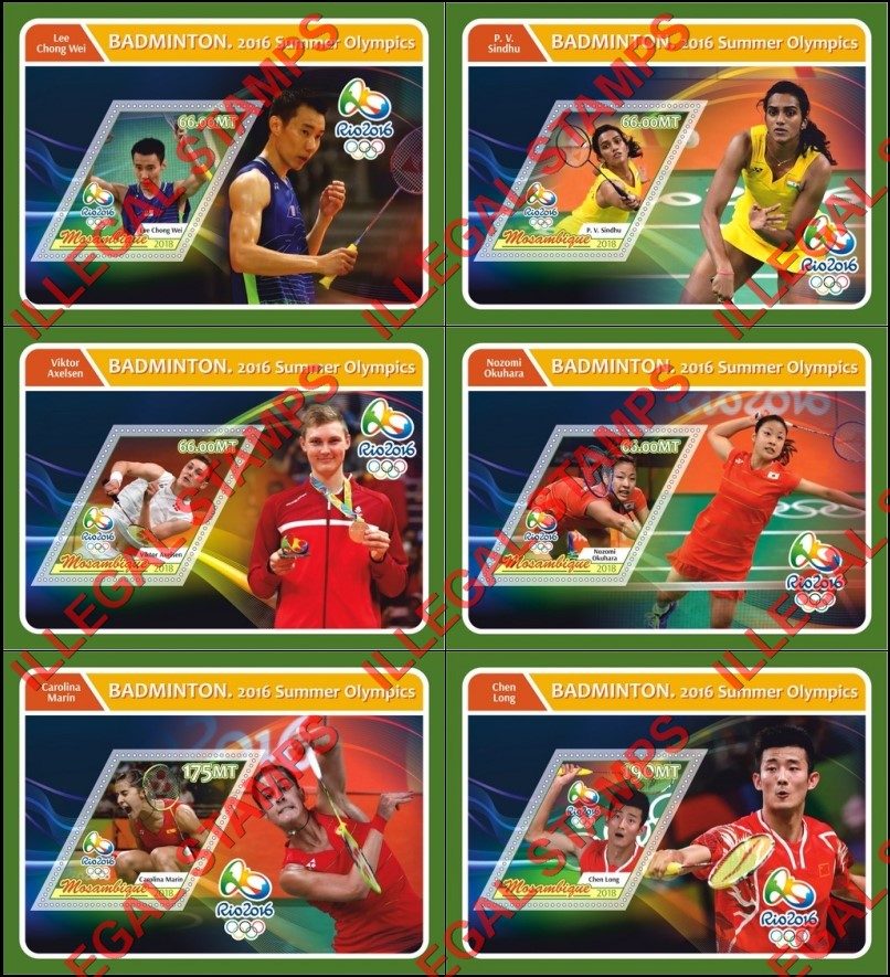  Mozambique 2018 Olympic Games in Rio in 2016 Badminton Players Counterfeit Illegal Stamp Souvenir Sheets of 1