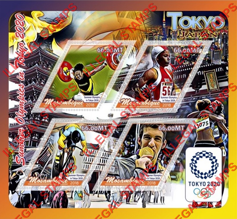  Mozambique 2018 Olympic Games in Tokyo in 2020 Counterfeit Illegal Stamp Souvenir Sheet of 4