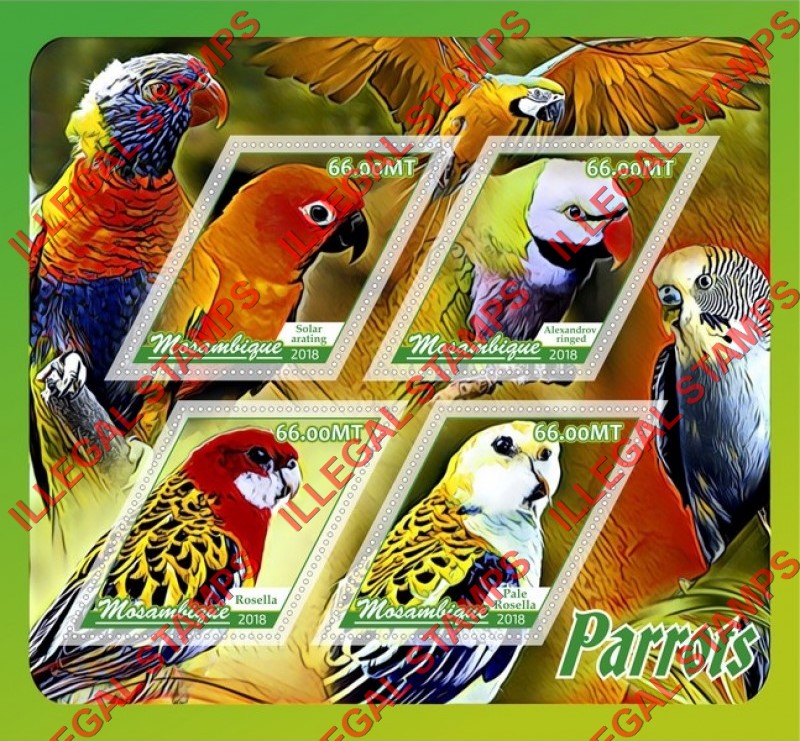  Mozambique 2018 Parrots (different a) Counterfeit Illegal Stamp Souvenir Sheet of 4