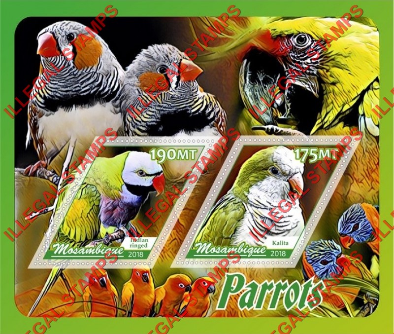  Mozambique 2018 Parrots (different a) Counterfeit Illegal Stamp Souvenir Sheet of 2