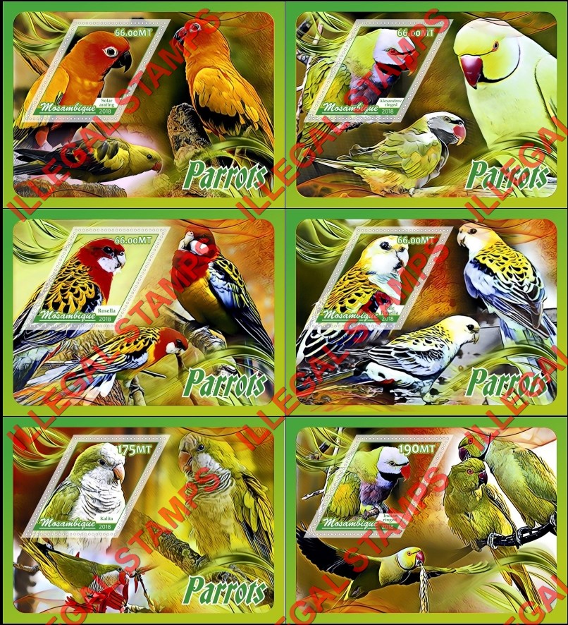  Mozambique 2018 Parrots (different a) Counterfeit Illegal Stamp Souvenir Sheets of 1