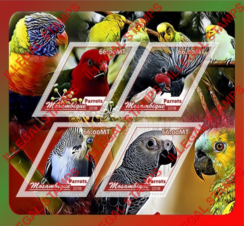  Mozambique 2018 Parrots Counterfeit Illegal Stamp Souvenir Sheet of 4