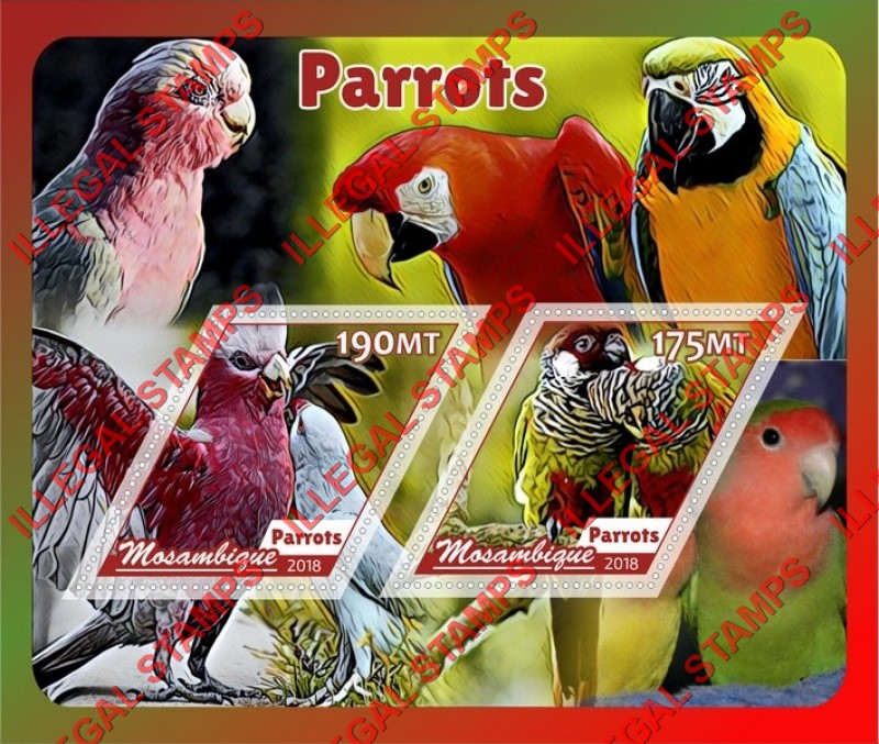  Mozambique 2018 Parrots Counterfeit Illegal Stamp Souvenir Sheet of 2