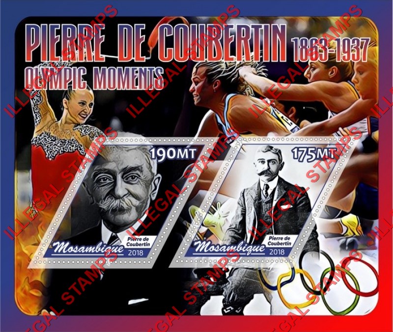  Mozambique 2018 Pierre de Coubertin Counterfeit Illegal Stamp Souvenir Sheet of 2