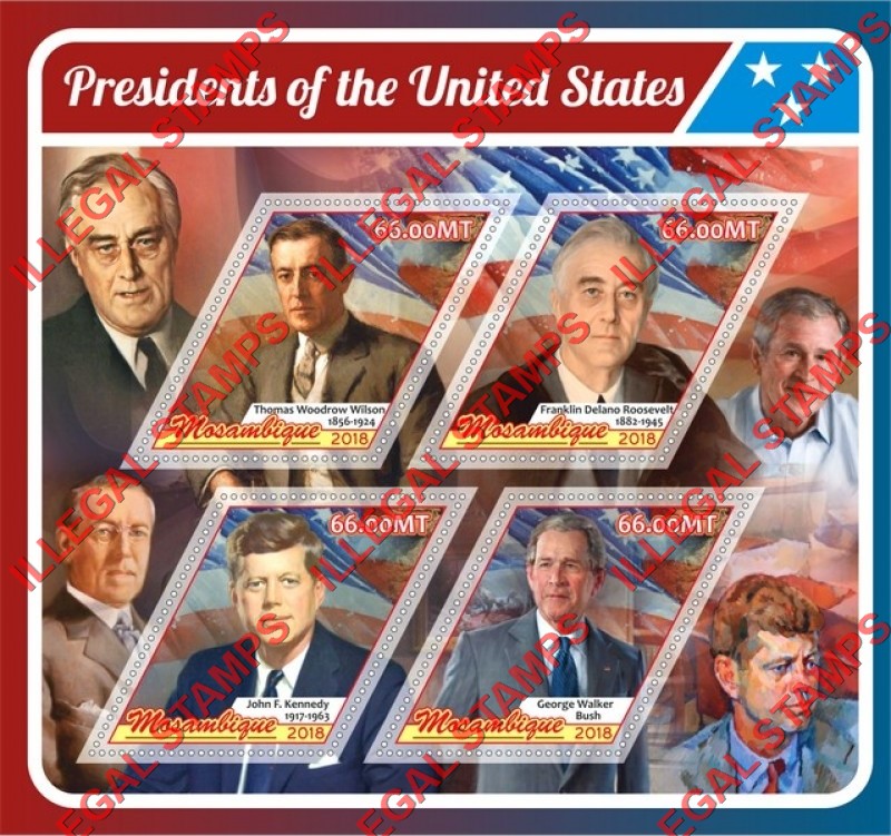  Mozambique 2018 Presidents of the United States Counterfeit Illegal Stamp Souvenir Sheet of 4