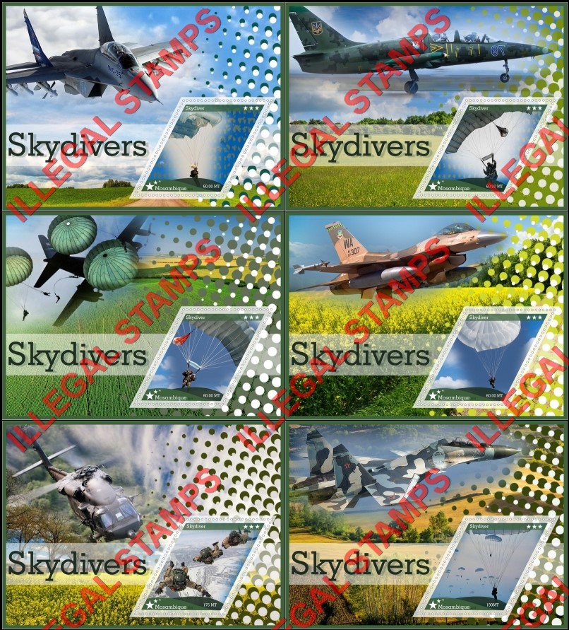  Mozambique 2018 Skydivers Counterfeit Illegal Stamp Souvenir Sheets of 1