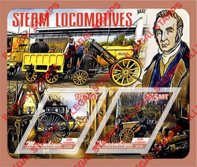  Mozambique 2018 Steam Locomotives Counterfeit Illegal Stamp Souvenir Sheet of 2