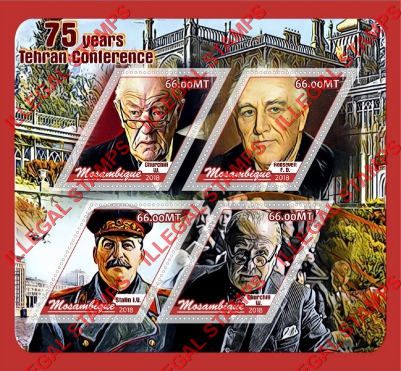 Mozambique 2018 Tehran Conference Counterfeit Illegal Stamp Souvenir Sheet of 4