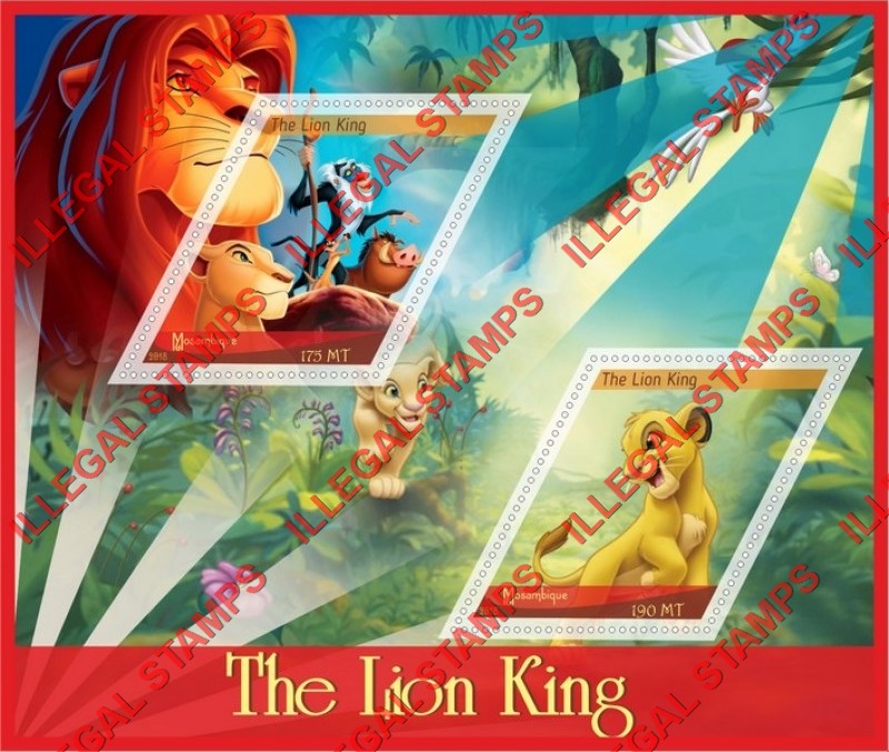  Mozambique 2018 The Lion King Counterfeit Illegal Stamp Souvenir Sheet of 2