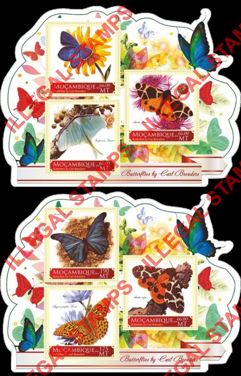  Mozambique 2019 Butterflies Paintings by Carl Brenders Counterfeit Illegal Stamp Souvenir Sheets of 3