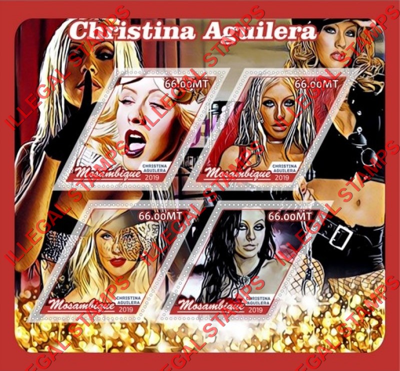  Mozambique 2019 Christina Aguilera Counterfeit Illegal Stamp Souvenir Sheet of 4