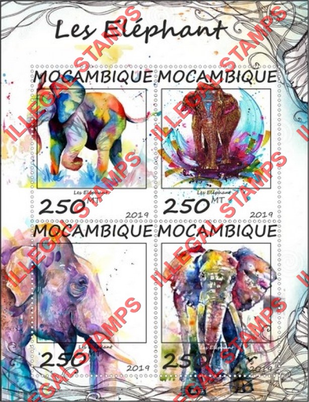  Mozambique 2019 Elephants Counterfeit Illegal Stamp Souvenir Sheet of 4