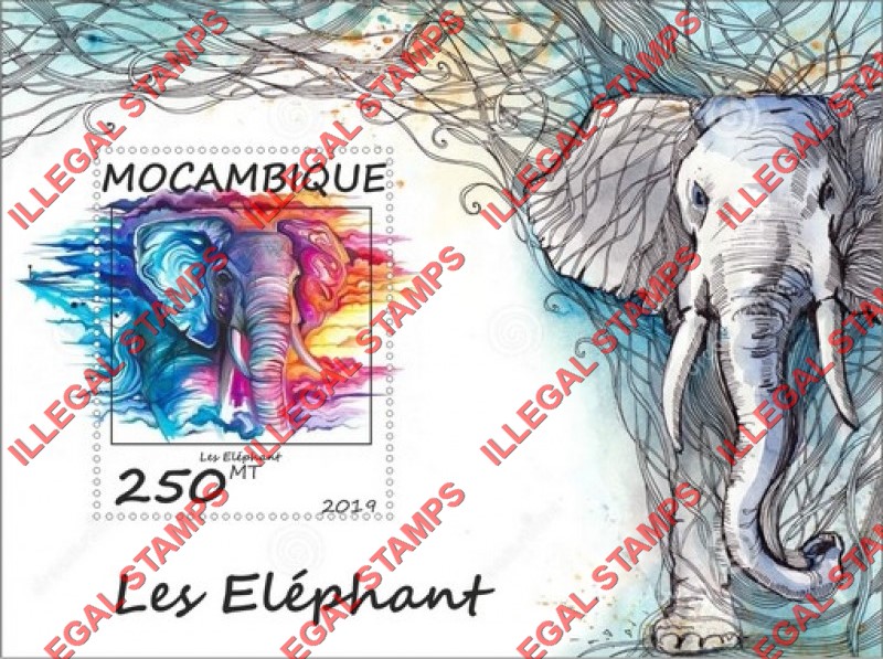  Mozambique 2019 Elephants Counterfeit Illegal Stamp Souvenir Sheet of 1