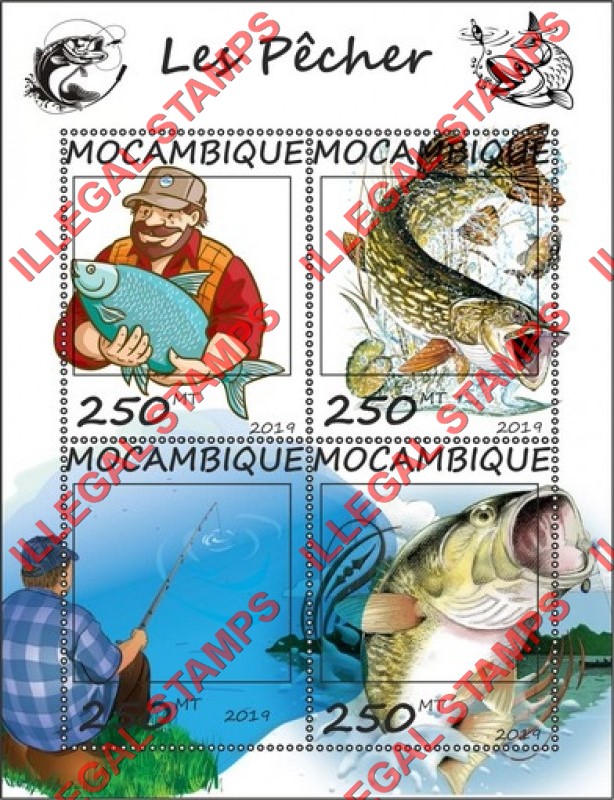  Mozambique 2019 Fish Fishing Counterfeit Illegal Stamp Souvenir Sheet of 4