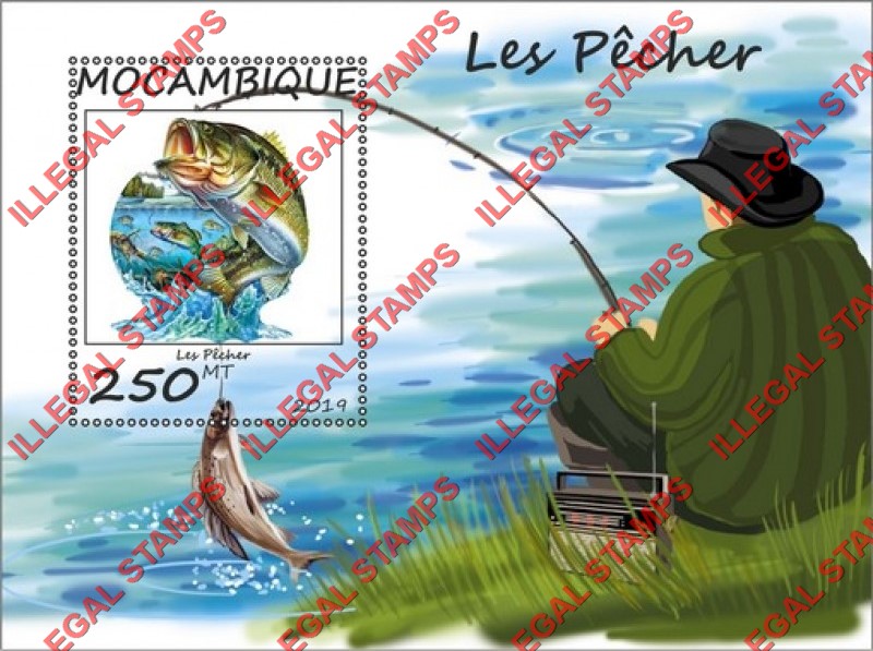  Mozambique 2019 Fish Fishing Counterfeit Illegal Stamp Souvenir Sheet of 1