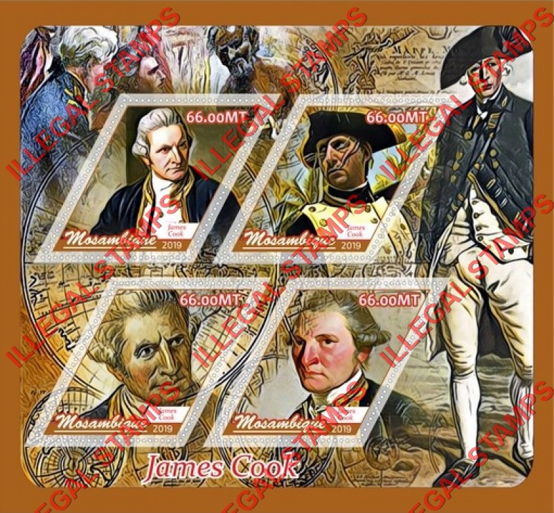  Mozambique 2019 James Cook Counterfeit Illegal Stamp Souvenir Sheet of 4