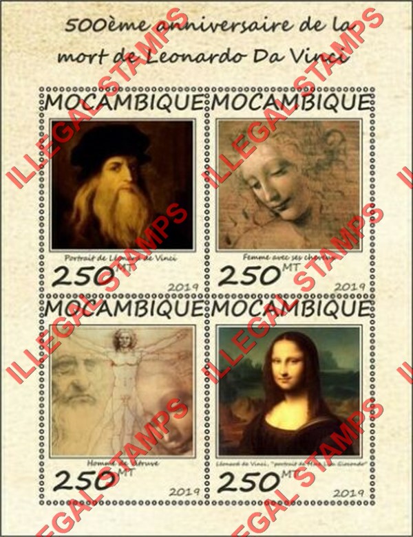  Mozambique 2019 Leonardo da Vinci (different a) Counterfeit Illegal Stamp Souvenir Sheet of 4