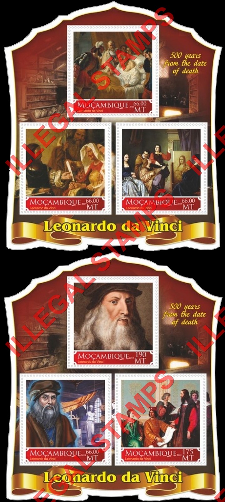  Mozambique 2019 Leonardo da Vinci (different) Counterfeit Illegal Stamp Souvenir Sheets of 3