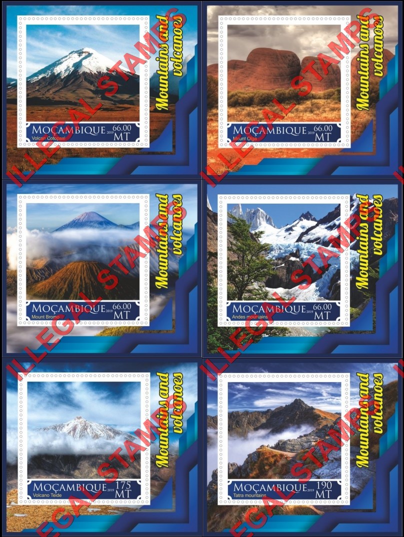  Mozambique 2019 Mountains and Volcanoes Counterfeit Illegal Stamp Souvenir Sheets of 1