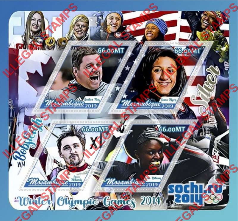  Mozambique 2019 Olympic Games in Sochi in 2014 Bobsleigh Athletes Counterfeit Illegal Stamp Souvenir Sheet of 4