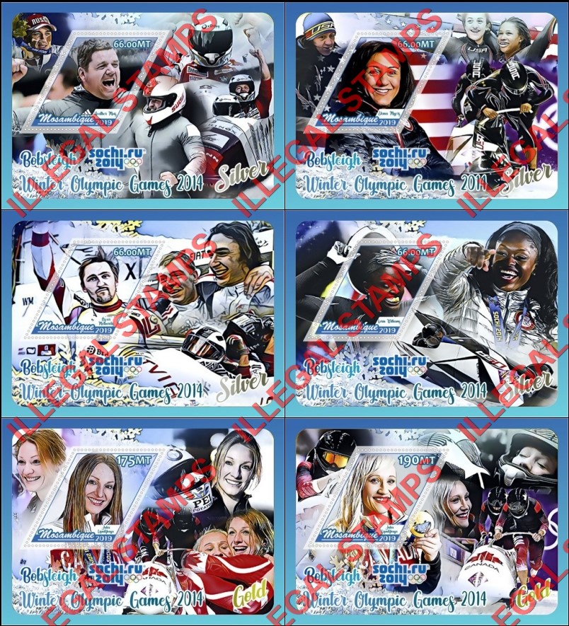  Mozambique 2019 Olympic Games in Sochi in 2014 Bobsleigh Athletes Counterfeit Illegal Stamp Souvenir Sheets of 1
