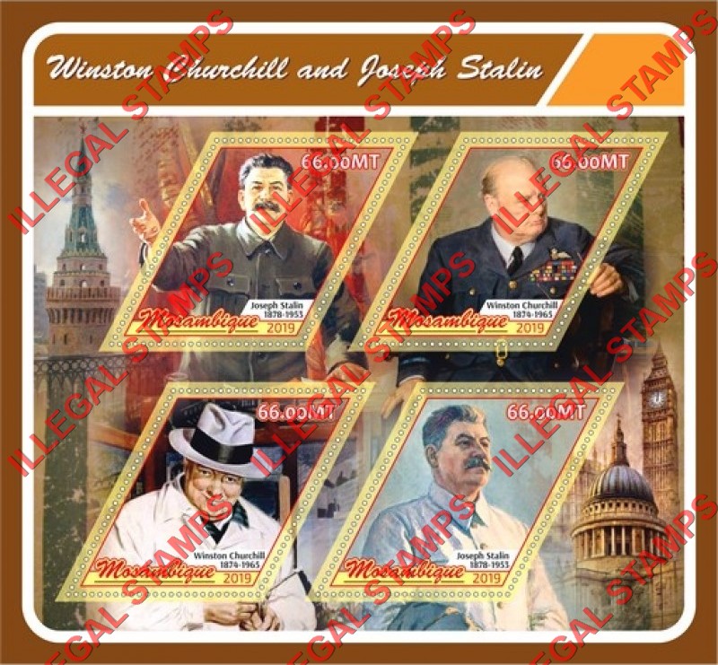  Mozambique 2019 Winston Churchill and Joseph Stalin Counterfeit Illegal Stamp Souvenir Sheet of 4
