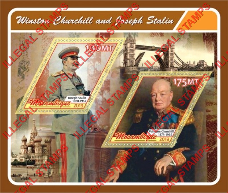  Mozambique 2019 Winston Churchill and Joseph Stalin Counterfeit Illegal Stamp Souvenir Sheet of 2