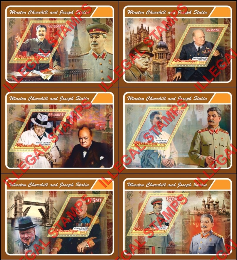  Mozambique 2019 Winston Churchill and Joseph Stalin Counterfeit Illegal Stamp Souvenir Sheets of 1
