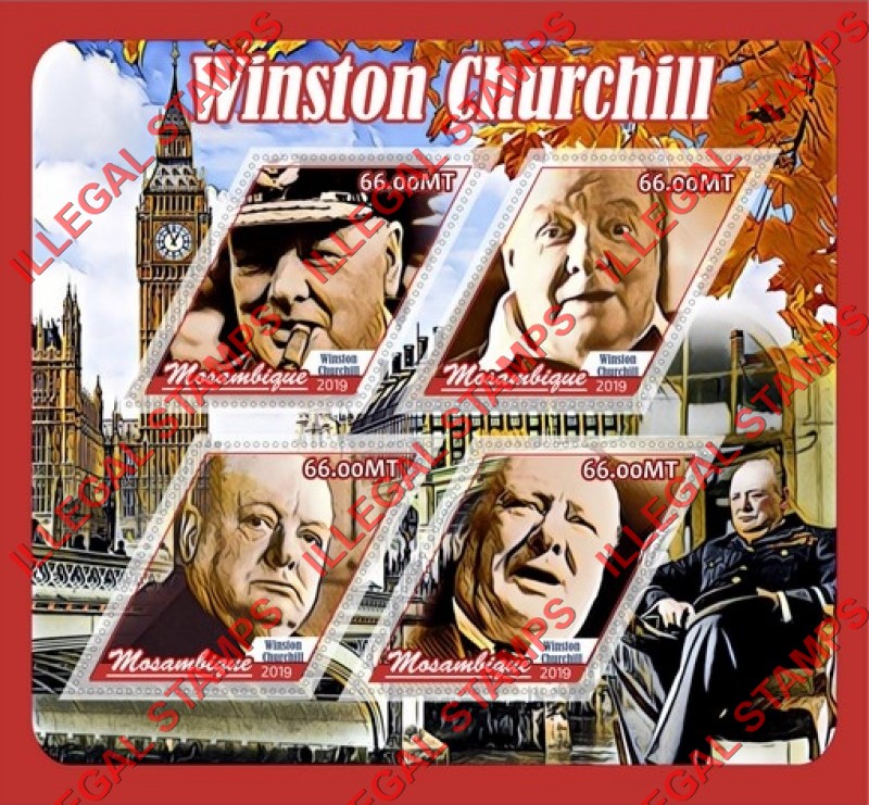  Mozambique 2019 Winston Churchill Counterfeit Illegal Stamp Souvenir Sheet of 4