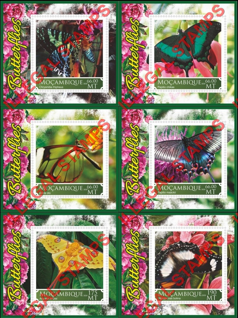  Mozambique 2020 Butterflies (different) Counterfeit Illegal Stamp Souvenir Sheets of 1