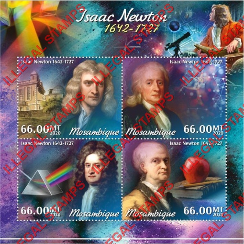  Mozambique 2020 Isaac Newton Counterfeit Illegal Stamp Souvenir Sheet of 4