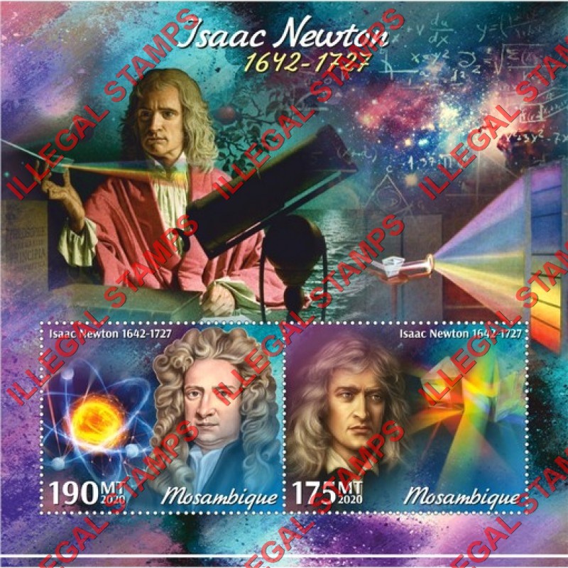  Mozambique 2020 Isaac Newton Counterfeit Illegal Stamp Souvenir Sheet of 2