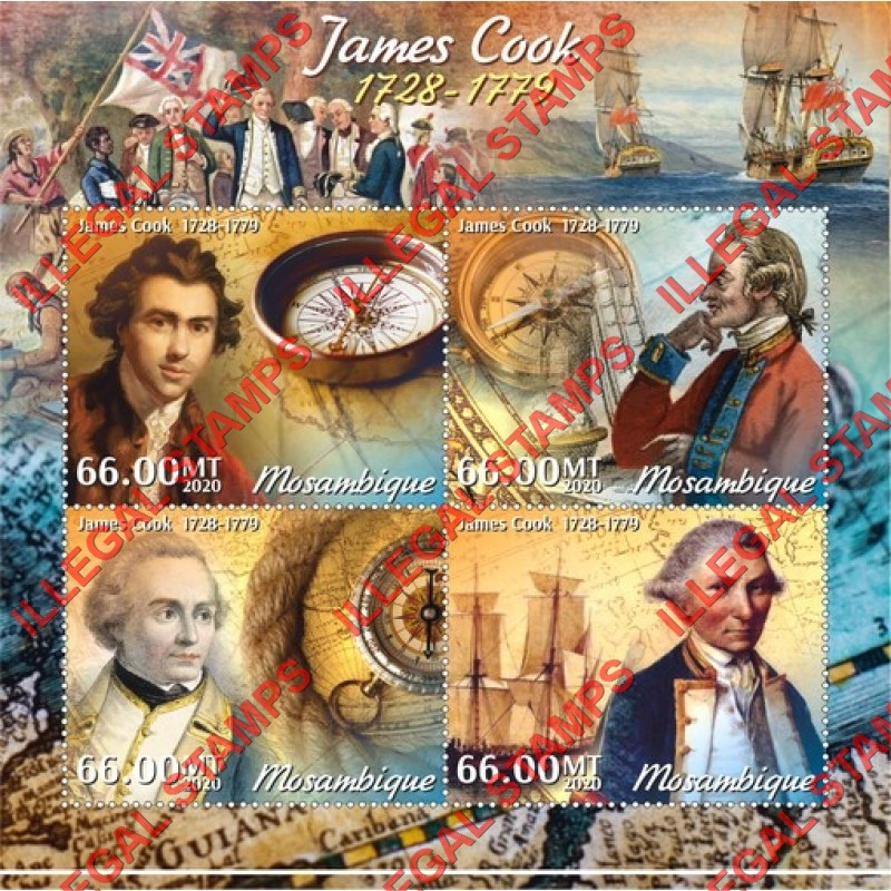  Mozambique 2020 James Cook Counterfeit Illegal Stamp Souvenir Sheet of 4