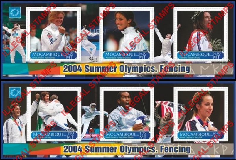  Mozambique 2020 Olympic Games in Athens in 2004 Fencing Counterfeit Illegal Stamp Souvenir Sheets of 3