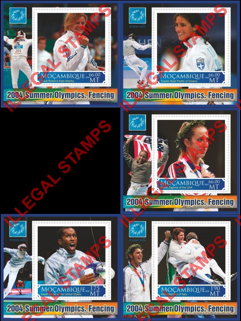 Mozambique 2020 Olympic Games in Athens in 2004 Fencing Counterfeit Illegal Stamp Souvenir Sheets of 1