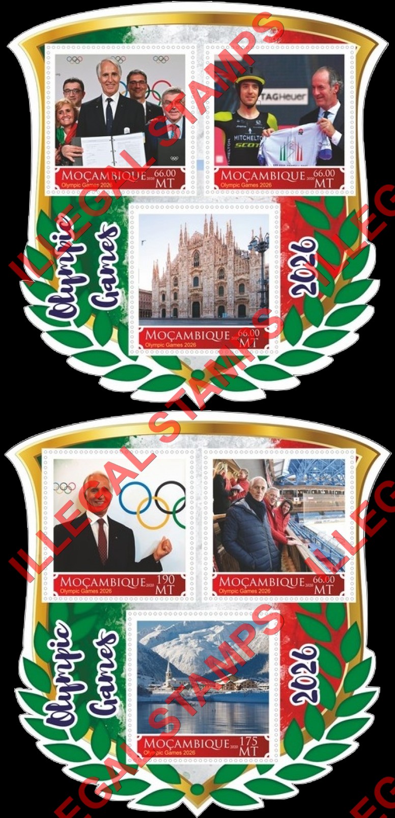 Mozambique 2020 Olympic Games in Milan in 2026 Counterfeit Illegal Stamp Souvenir Sheets of 3