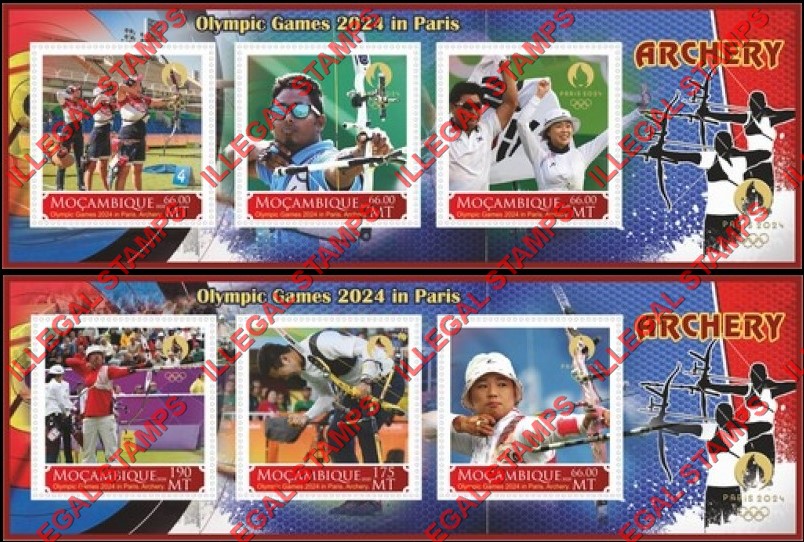 Mozambique 2020 Olympic Games in Paris in 2024 Archery Counterfeit Illegal Stamp Souvenir Sheets of 3