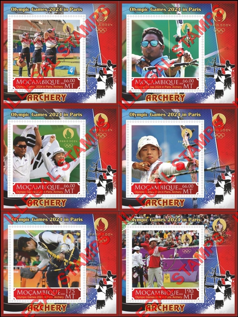 Mozambique 2020 Olympic Games in Paris in 2024 Archery Counterfeit Illegal Stamp Souvenir Sheets of 1