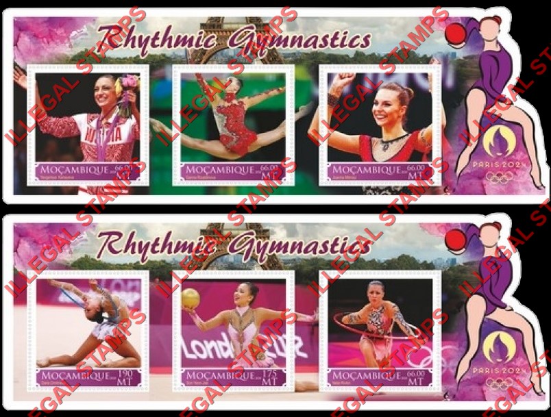  Mozambique 2020 Olympic Games in Paris in 2024 Gymnastics Counterfeit Illegal Stamp Souvenir Sheets of 3