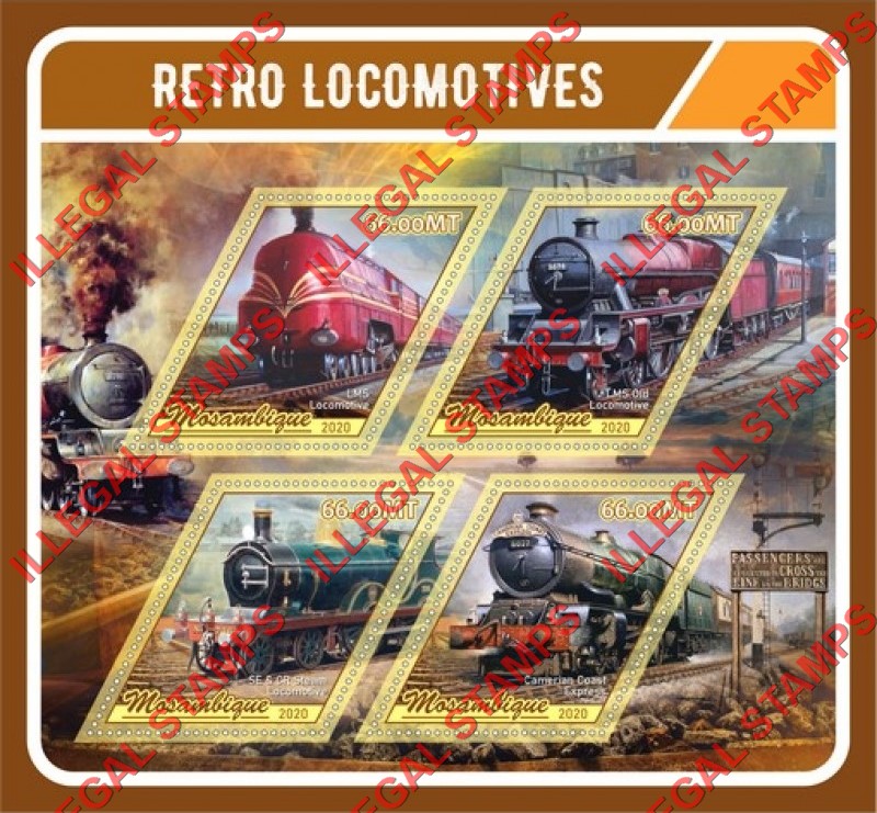  Mozambique 2020 Retro Locomotives Counterfeit Illegal Stamp Souvenir Sheet of 4