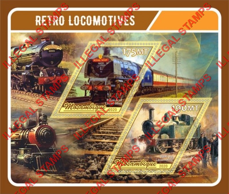 Mozambique 2020 Retro Locomotives Counterfeit Illegal Stamp Souvenir Sheet of 2