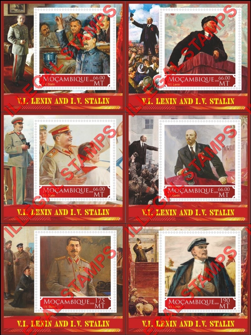  Mozambique 2020 Stalin and Lenin (different) Counterfeit Illegal Stamp Souvenir Sheets of 1