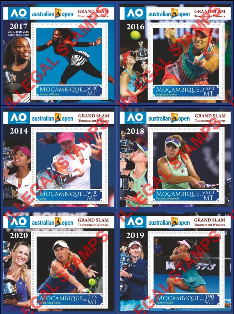  Mozambique 2020 Tennis Australian Open Grand Slam Winners Counterfeit Illegal Stamp Souvenir Sheets of 1