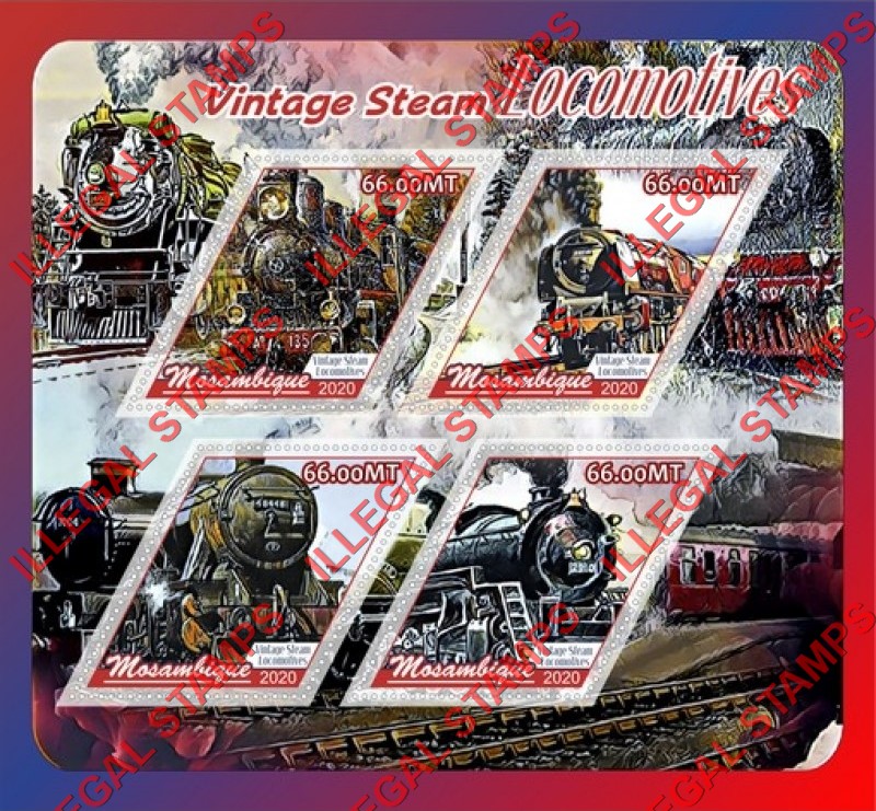  Mozambique 2020 Vintage Steam Locomotives Counterfeit Illegal Stamp Souvenir Sheet of 4